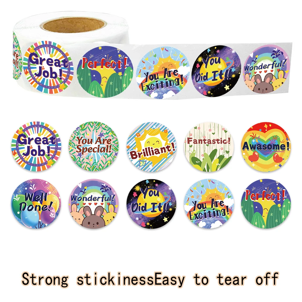 500PCS Cartoon Encouragement Circular Graffiti Roll Stickers Series DIY Phone Case Laptop Water Cup Reward Stickers