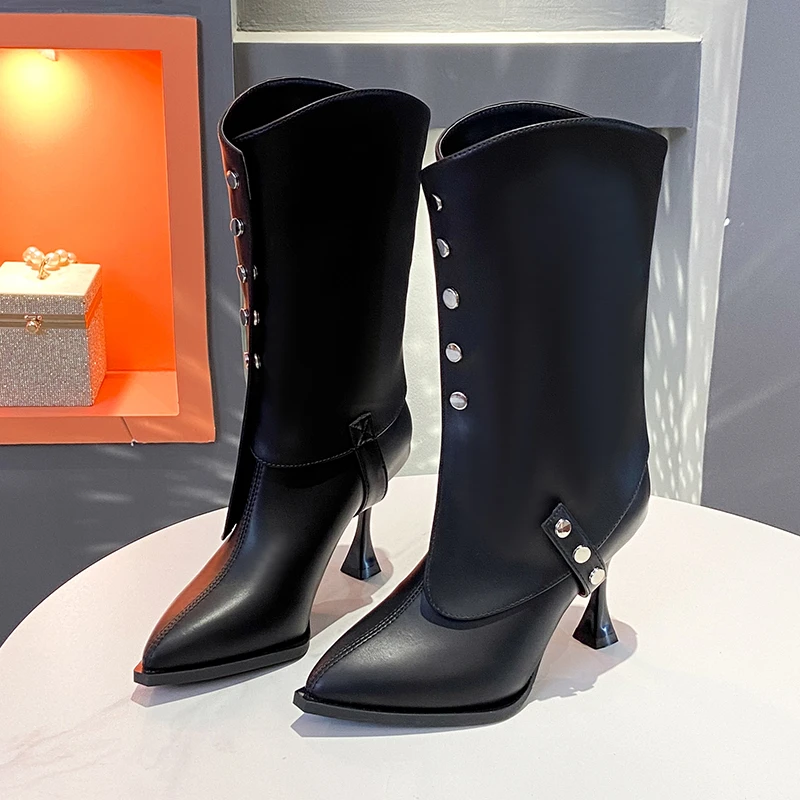 

Women's High Boots Winter New Pointy Spliced Detachable Button Knight Boots Comfortable and Fleece Warm Stiletto Fashion Boots