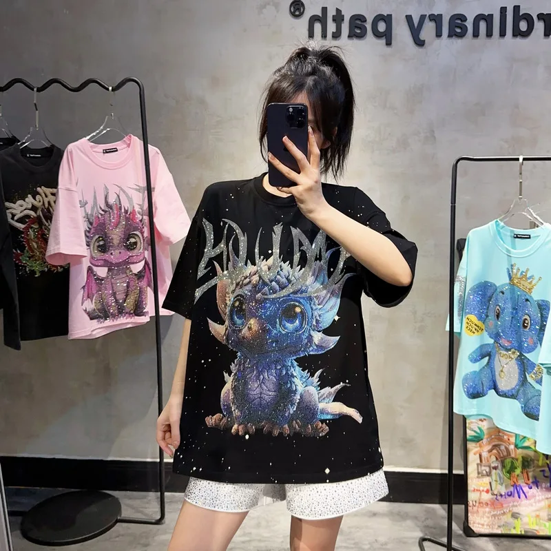 New Fashion Cartoon Heavy Embroidery Diamond Drills Oversize Splash-Ink Short Sleeve Design Men's And Women's Sweet Cool T-shirt