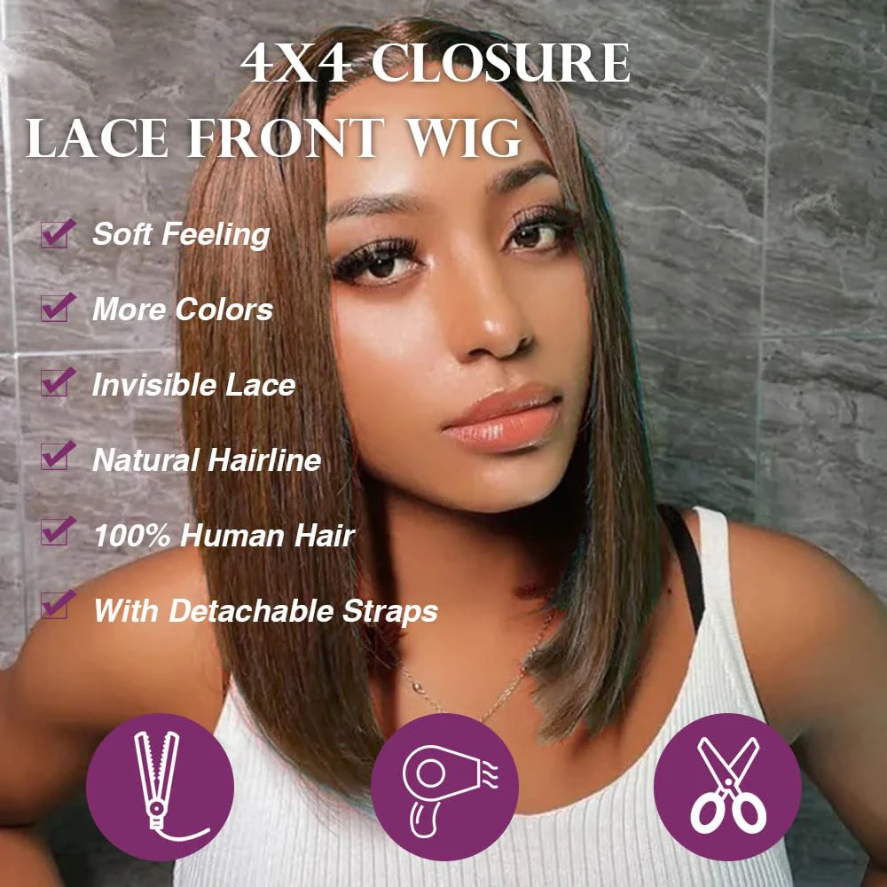 Chocolate Brown Glueless Bob Wigs Ready To Wear Straight Lace Front Wig Human Hair Pre Plucked 5x6 Lace Closure Wigs For Women