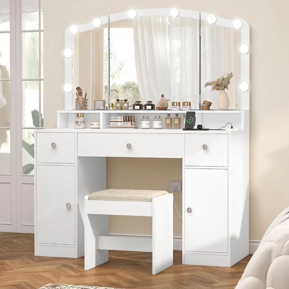 Vanity Desk with Triple Folding Mirror, Makeup Vanity with Power Outlet, Vanity Desk with 10 Lights, 3 Drawers & 2 Cabinets