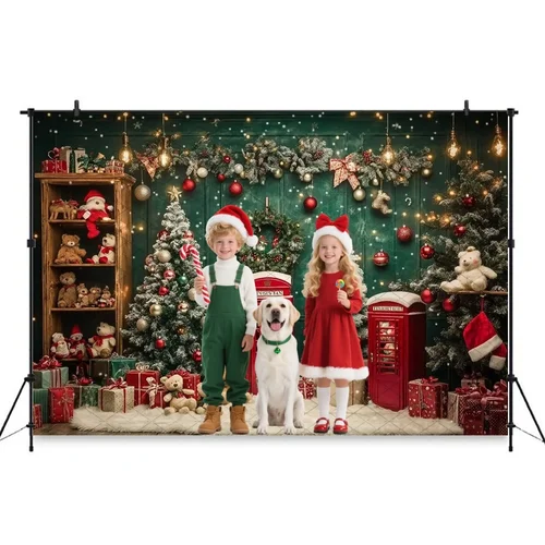 Imagen 2 del producto Fondo de fotografía de taller de regalo de Papá Noel, oso de juguete, árbol de Navidad, caja de letras, fondo brillante, retrato de cumpleaños de niño de invierno, fotomatón
