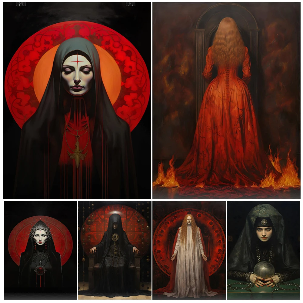 

Red Priestess And Magic Witch Psychic Wicca Wall Art Canvas Painting Horror Demon Devil Gothic Dark Fantasy Art Poster And Print