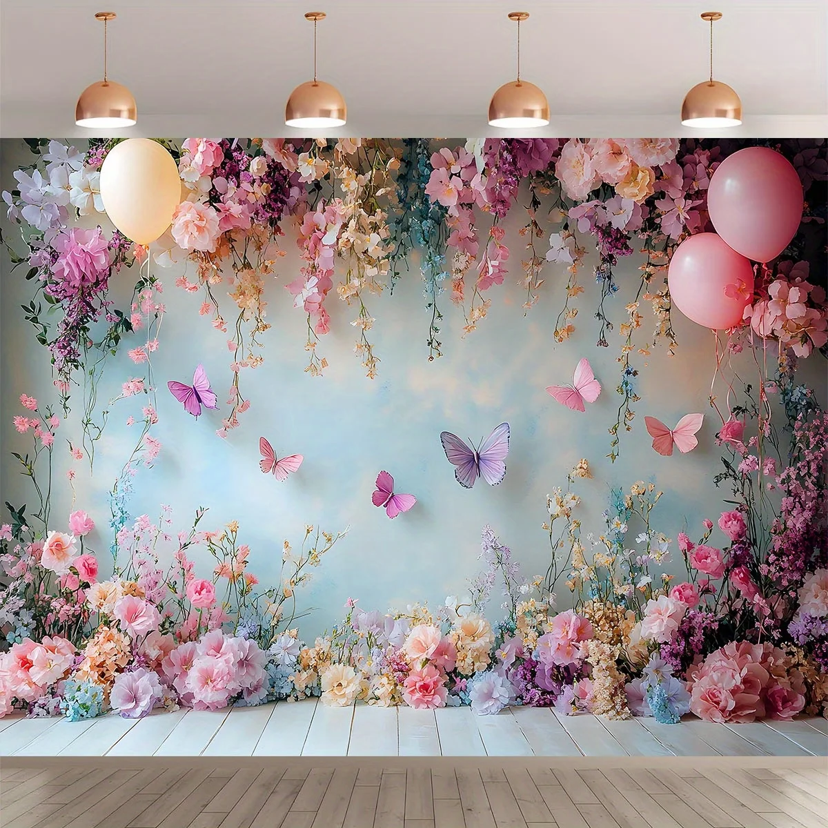 1 Stück, schrullige hellrosa Blumen und flatternder Schmetterlingshintergrund, Geburtstagsparty-Zubehör