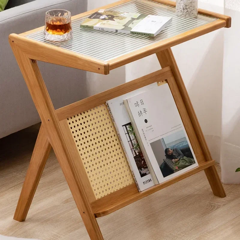 Side Table Z Shape Mobile Cabinet With Tempered Glass Top Living Room Furniture Simplistic Bamboo Bedside Coffee Table Modern