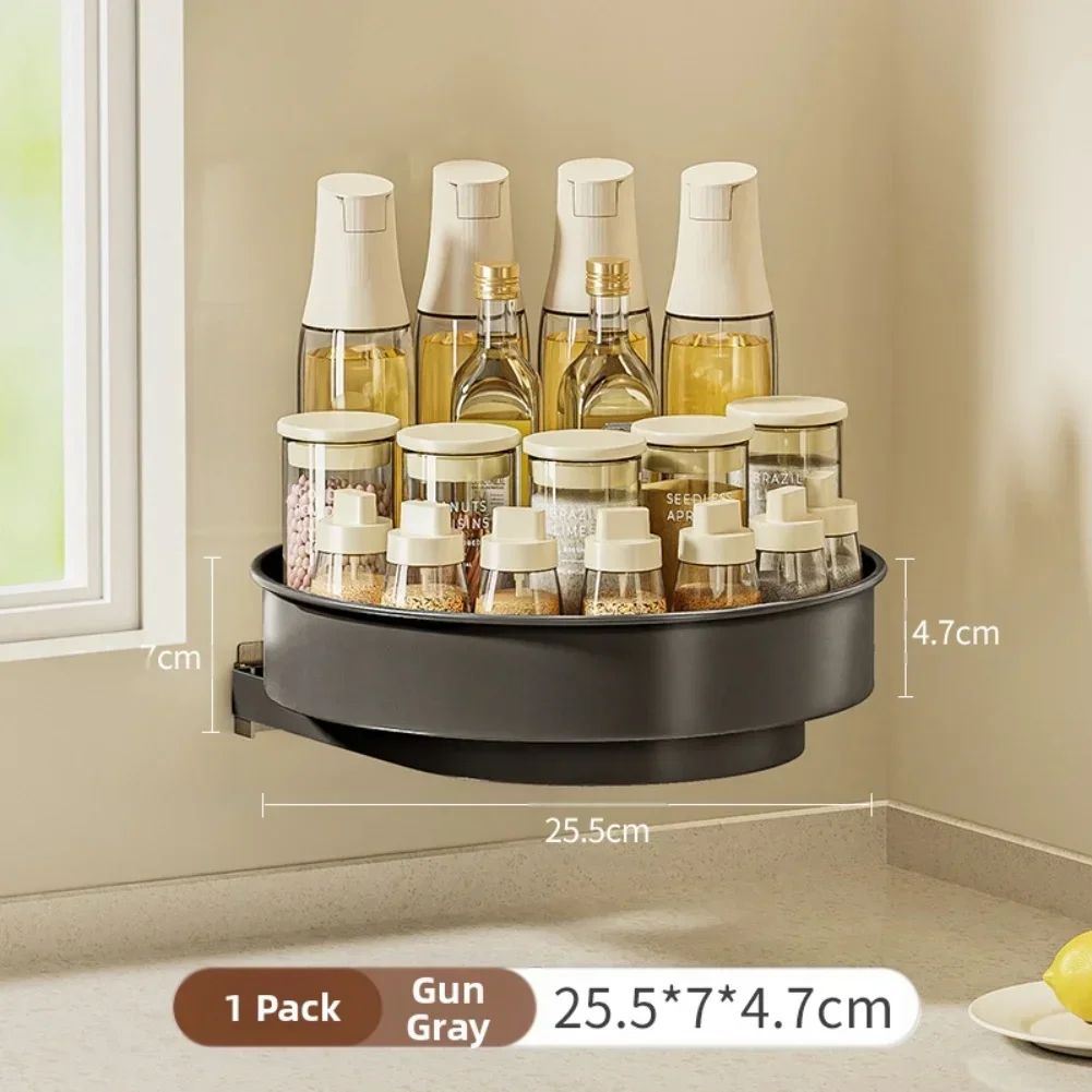rotating kitchen seasoning shelf with rimmed design made of stainless steel for safe storage and easy reach of salt jars