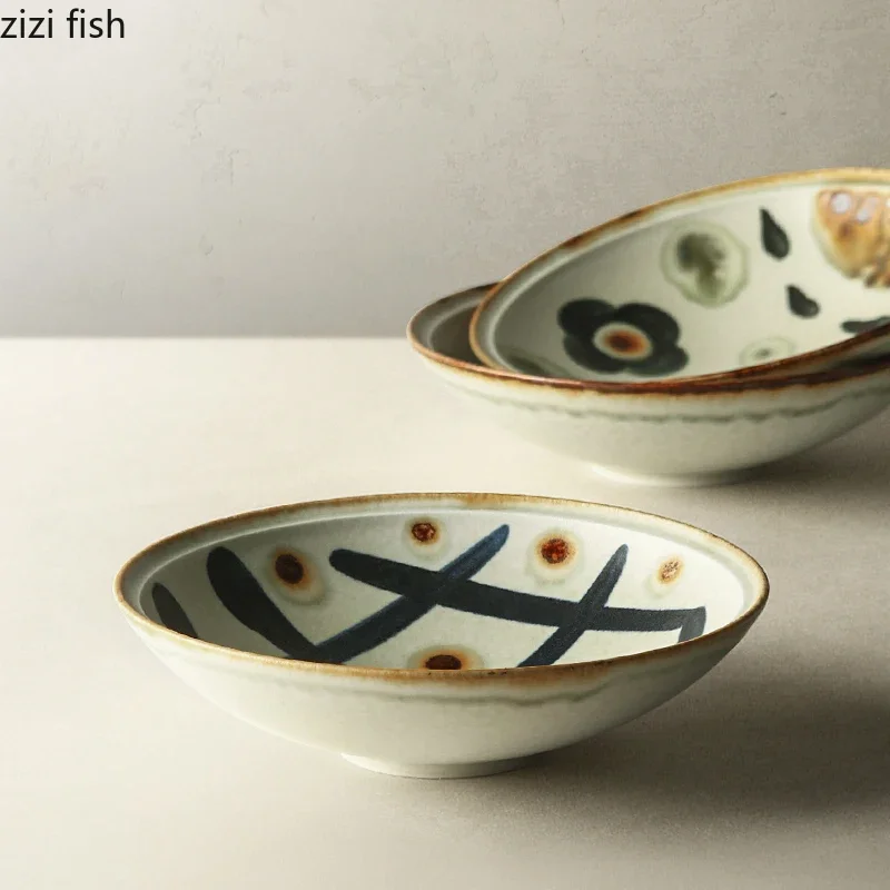 Hand Drawn Vintage Ceramic Plate Restaurant Salad Plate Pasta Dish Thick Soup Plate Serving Plates Creative Japanese Tableware