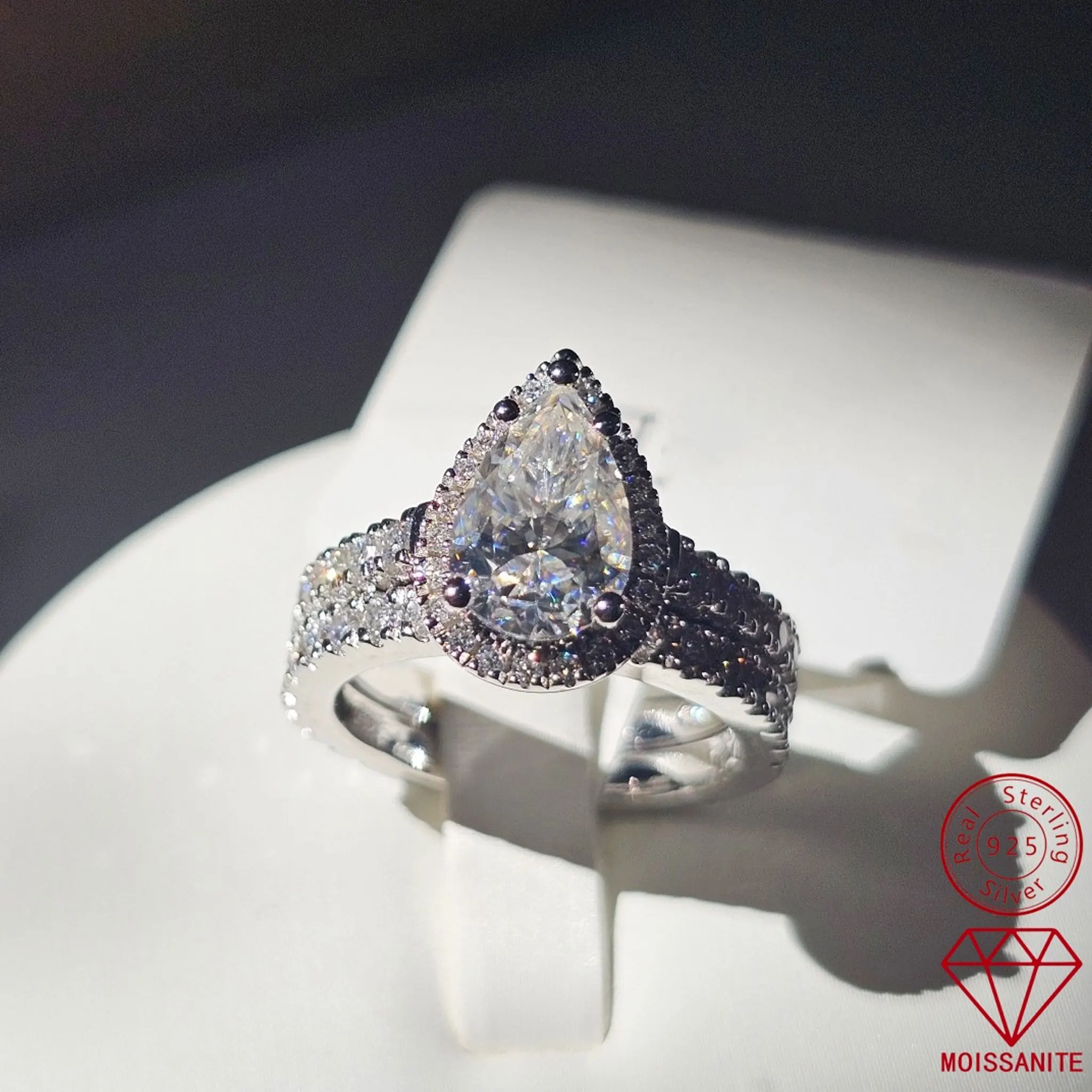 3-Carat Pear Shaped Moissanite Set with 925 Silver Combination Ring Stackable for Couples and Women Fashionable Moissanite Rings