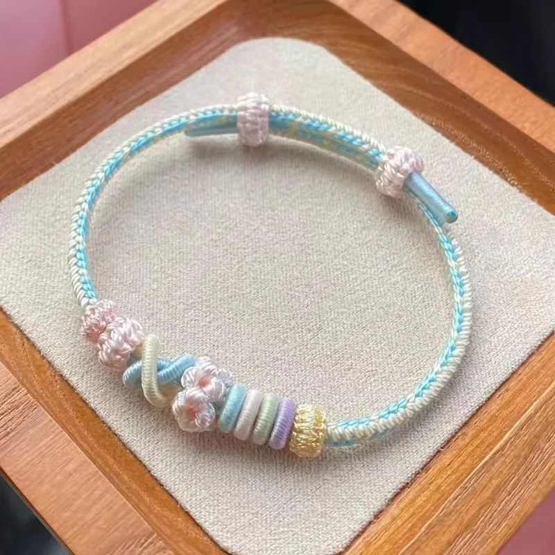 Handmade Chinese Style Lucky Peach Blossom Knot Braided Bracelet Adjustable Pastel Woven Rope Bangle For Women Men Blessing Good