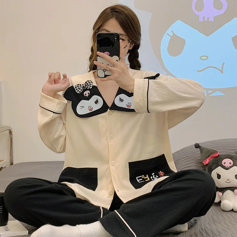 

Kawaii Sanrio Cinnamoroll Kuromi Cute Cartoon Women's Pajamas Spring Autumn Pure Cotton Crepe Long-Sleeved Korean Casual Suit