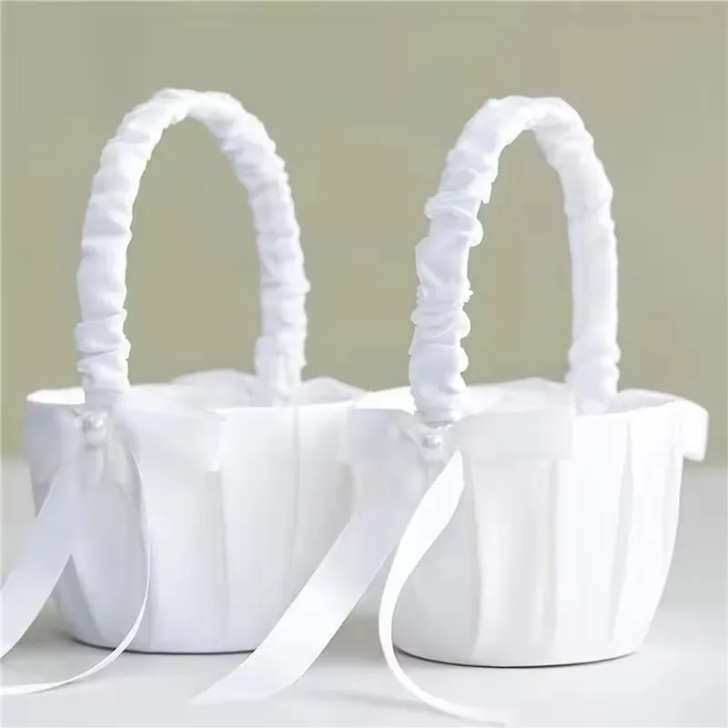 Wedding White Satin Bow Flower basket Flower Carrying basket with pearl handle suitable for bridesmaids and flower girls