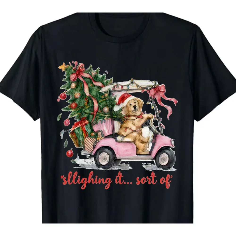 Watercolor Golden Retriever Santa Hat Driving Pink Golf Cart Christmas T-Shirt Funny Sleighing It Sort Of Graphic Tee Cute Dog
