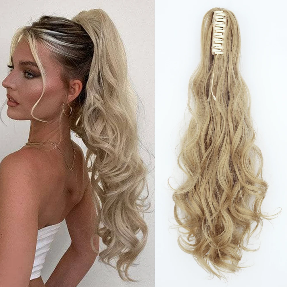 Sintético longo ondulado garra clip-on rabo de cavalo extensão do cabelo para as mulheres, peruca loira, cauda de pônei, 24"