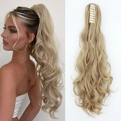 Sintético longo ondulado garra clip-on rabo de cavalo extensão do cabelo para as mulheres, peruca loira, cauda de pônei, 24