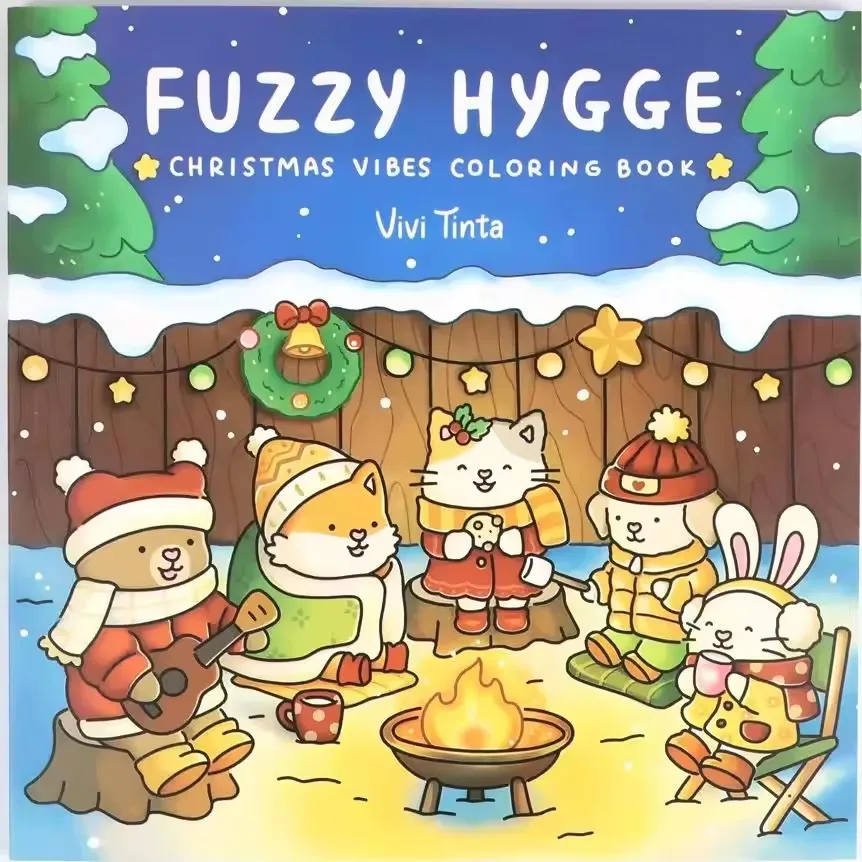 كتاب تلوين عيد الميلاد Fuzzy Hygge للبالغين والمراهقين - مشاهد شتوية احتفالية مكونة من 48 صفحة مع حيوانات فروية لطيفة هدية مثالية