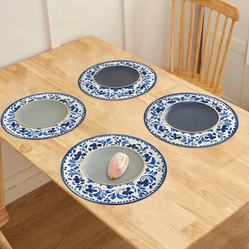 VIKAMA 4 Stück Blau-Weiße Blumen-Tischsets, Rutschfeste Hitzebeständige Tischmatten für Moderne Küche Esszimmer Heim-Dekoration