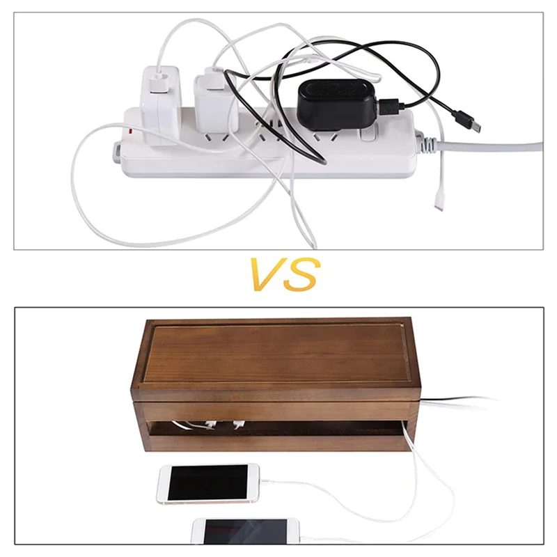 【Home-Accessories】3X Cable Management Box Wooden Cord Organizer Box For Extension Cord Power Stripe Surge Protector Wire (Coffee