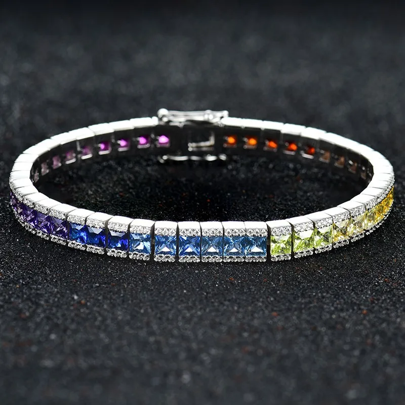 925 Silver Princess Cut Gradient Gemstone Rainbow Bracelet, Full Pave Colorful Sapphire Alternative, Women's Fashion Jewelry