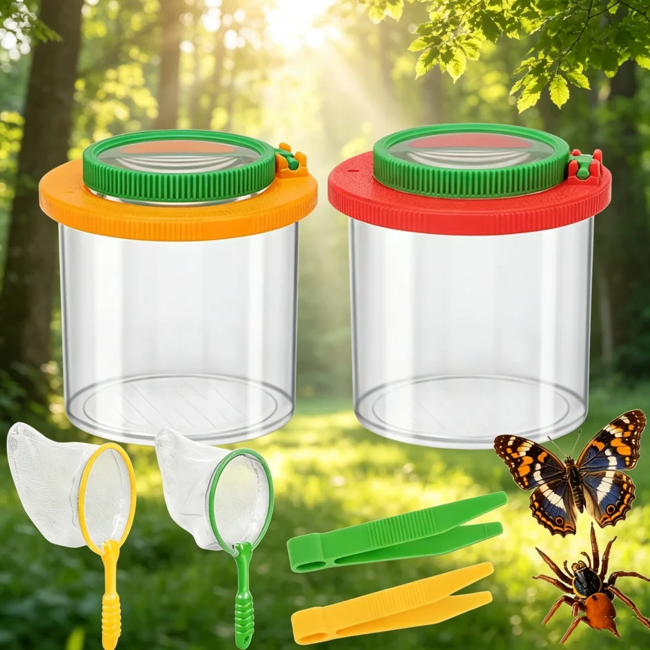 Kids Insect Observation Box Set Dual Magnifying Glass Bug Catcher Kit Outdoor Nature Exploration Toy With Net Tweezers Children