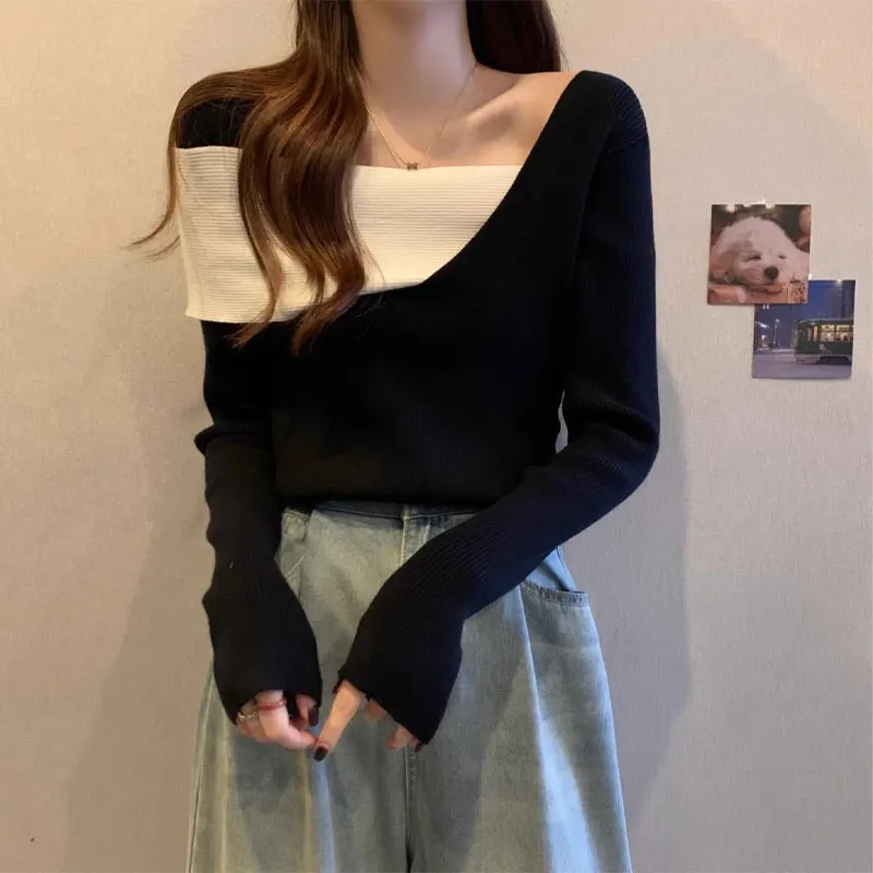 

French Style Slash Neck Pullovers Female Clothing Elegant Spliced Spring Autumn Fashion Asymmetrical Knitted Long Sleeve T-shirt