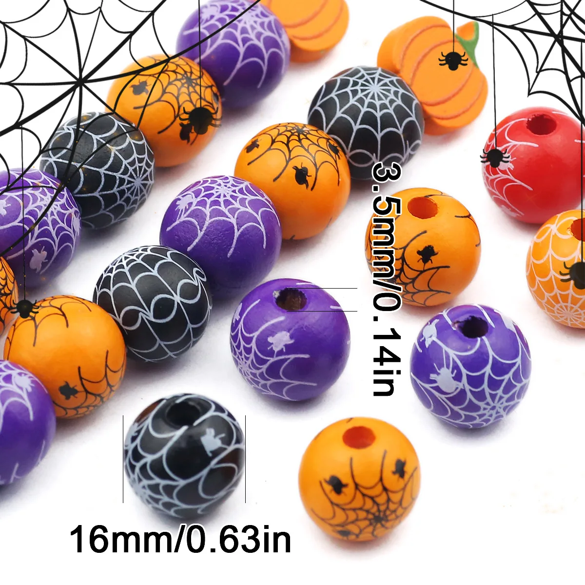 16mm 10Pcs Halloween Spider’s Web Printed Wood Beads for Making DIY Bracelets Necklaces Keychains Various Jewelry Accessories