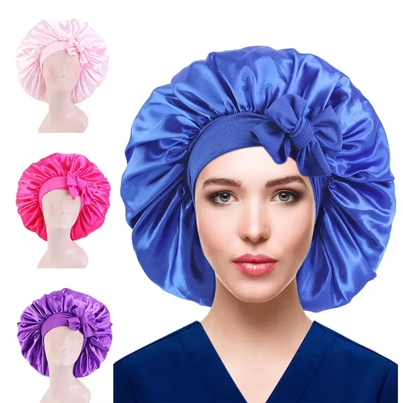 Women Satin Round Cap Sleep Hat Hair Protection Care Wide Edge Elastic Solid Color Hairdressing Shower Cap Night Hat Bonnet