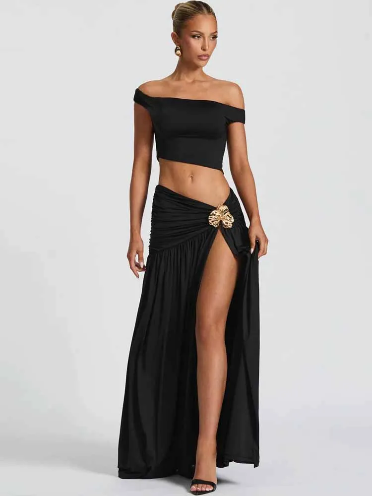 Bkqu conjunto de vestido plissado de metal feminino sexy fino fora do ombro colheita superior e alta divisão saia longa combinando elegante festa 2 peça conjunto