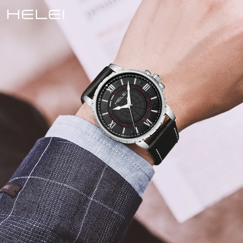 HELEI2024 new men's quartz watch leather ancient Roman numerical dial men's clock business waterproof luxury men's watches