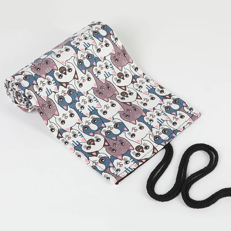 12/24/36/48/72 Holes Cute Cat Printing Canvas Roll Up Pen Curtain Pencil Bag Case Makeup Wrap Storage Pouch Stationery Organizer