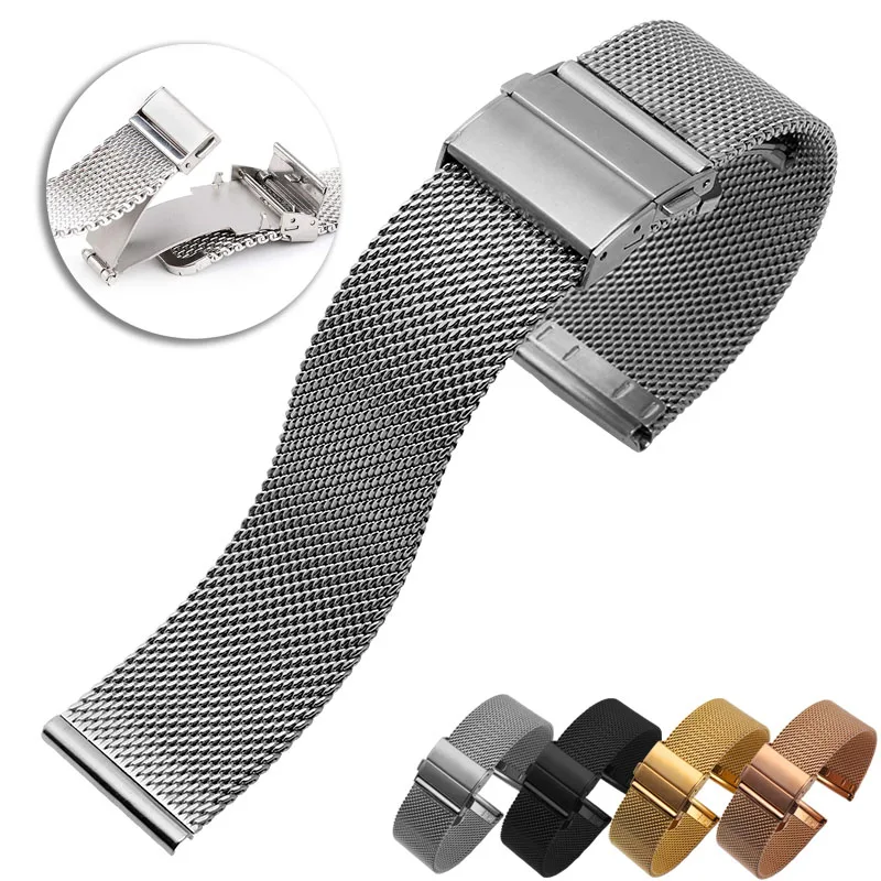 Mesh Stainless Steel WatchBand Quick Release Straps Fold Adjustable Buckle 16mm 18mm 20mm 22mm Bracelet Belts for Men Women Band