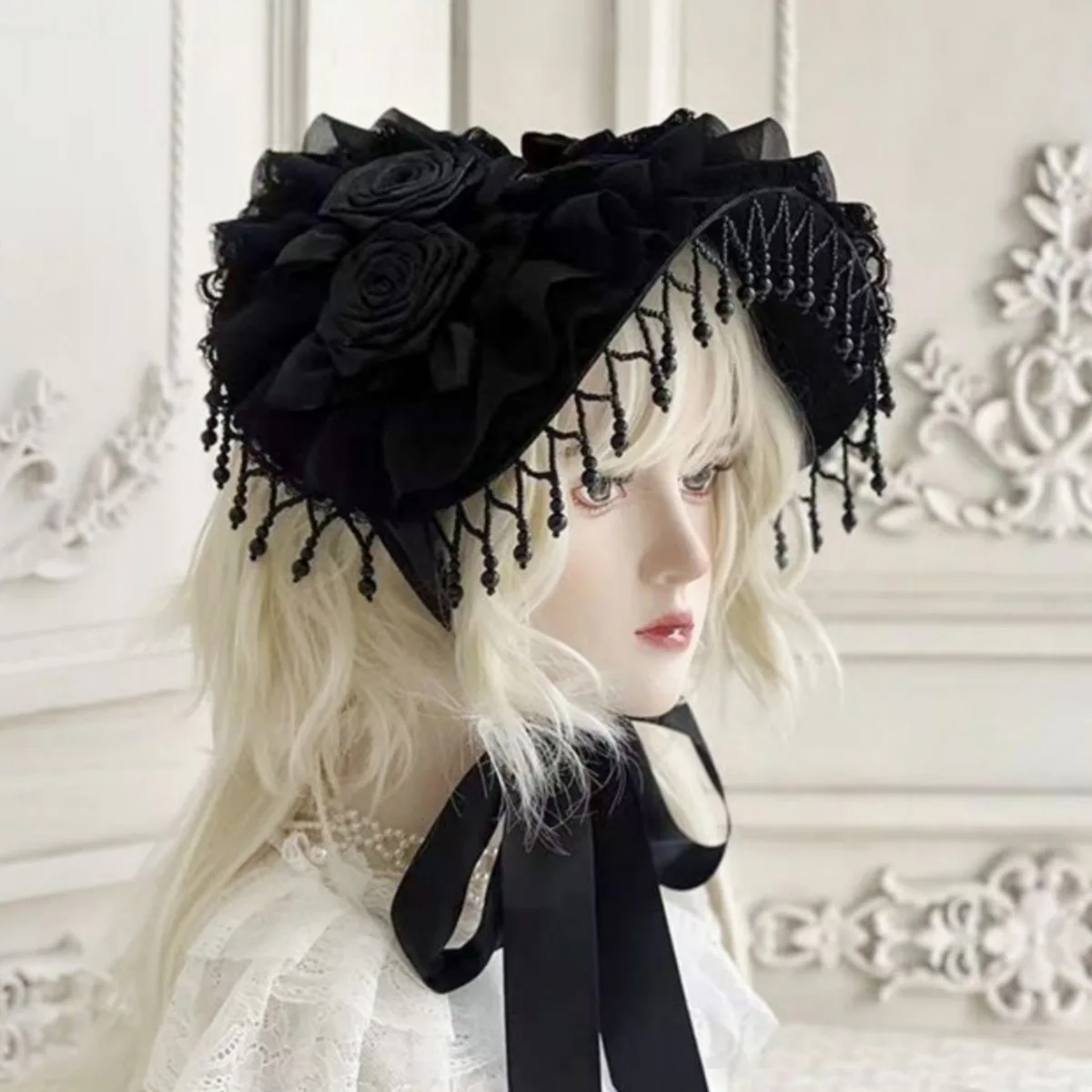 

Original Design Lolita Flower Straw Fascinartors Hairipin for WOmen Lace Bow Ribbon Lolita Bonnet Cap Beading Tassel Headdress