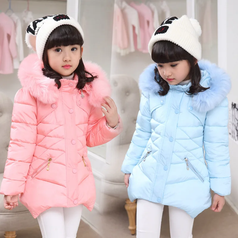 2024 Winter Girls Jacket Solid Color Mid-Length Thicken Cold Protection Hooded Down Cotton Windbreaker Coats For 4-12 Years Old