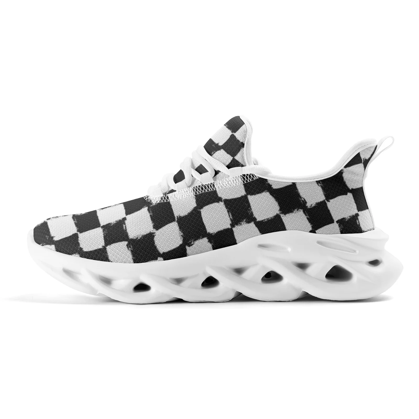 

Black and White Checkered Pattern Casual Sneakers for Women Man Lightweight Walking Running Shoes Mesh Lace Up Footwear