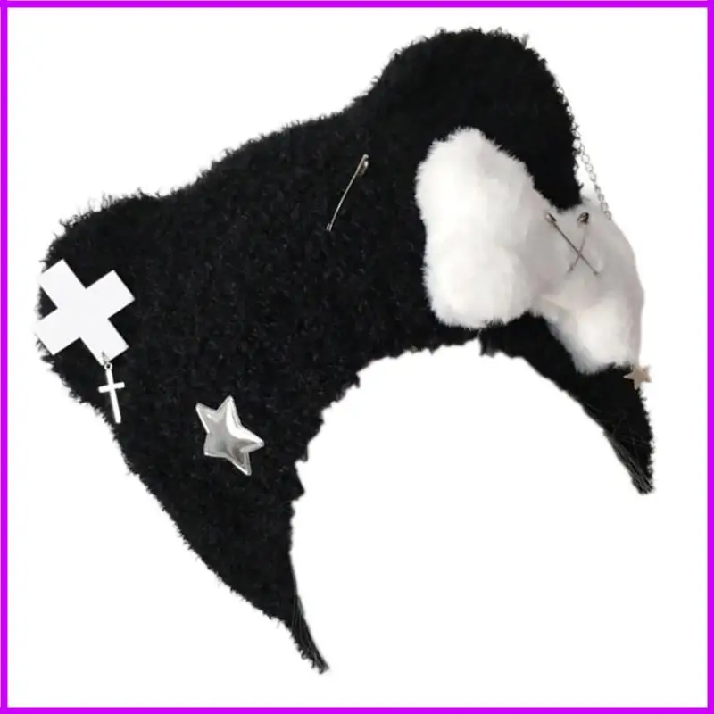 Bear Ear Knitted Hat Star Dog Bone Decoraiton Knitted Hat Winter Snow Hat for Women Girl Christmas Valentines Present