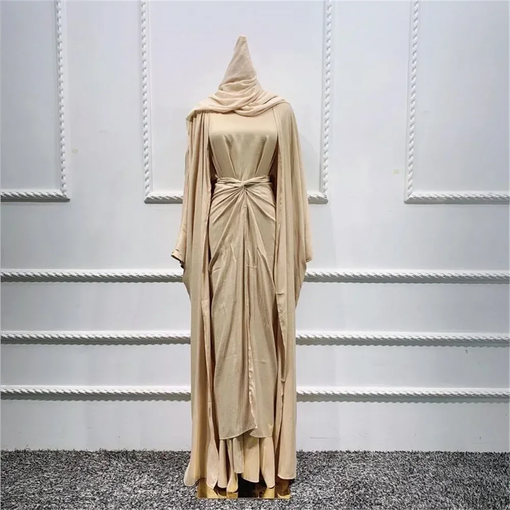 3 Piece Abaya Set Ramadan Eid Islamic Clothing Muslim Woman Satin Matching Hijab Kimono+Inner Dress+Wrap Tie Skirt Dubai Outfits