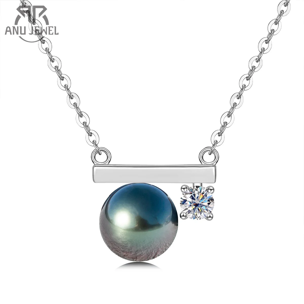 

AnuJewel 9-10mm Natural Tahitian Black Pearl 0.3 Carat Moissanite Diamond Necklace 925 Sterling Silver Necklace Forman