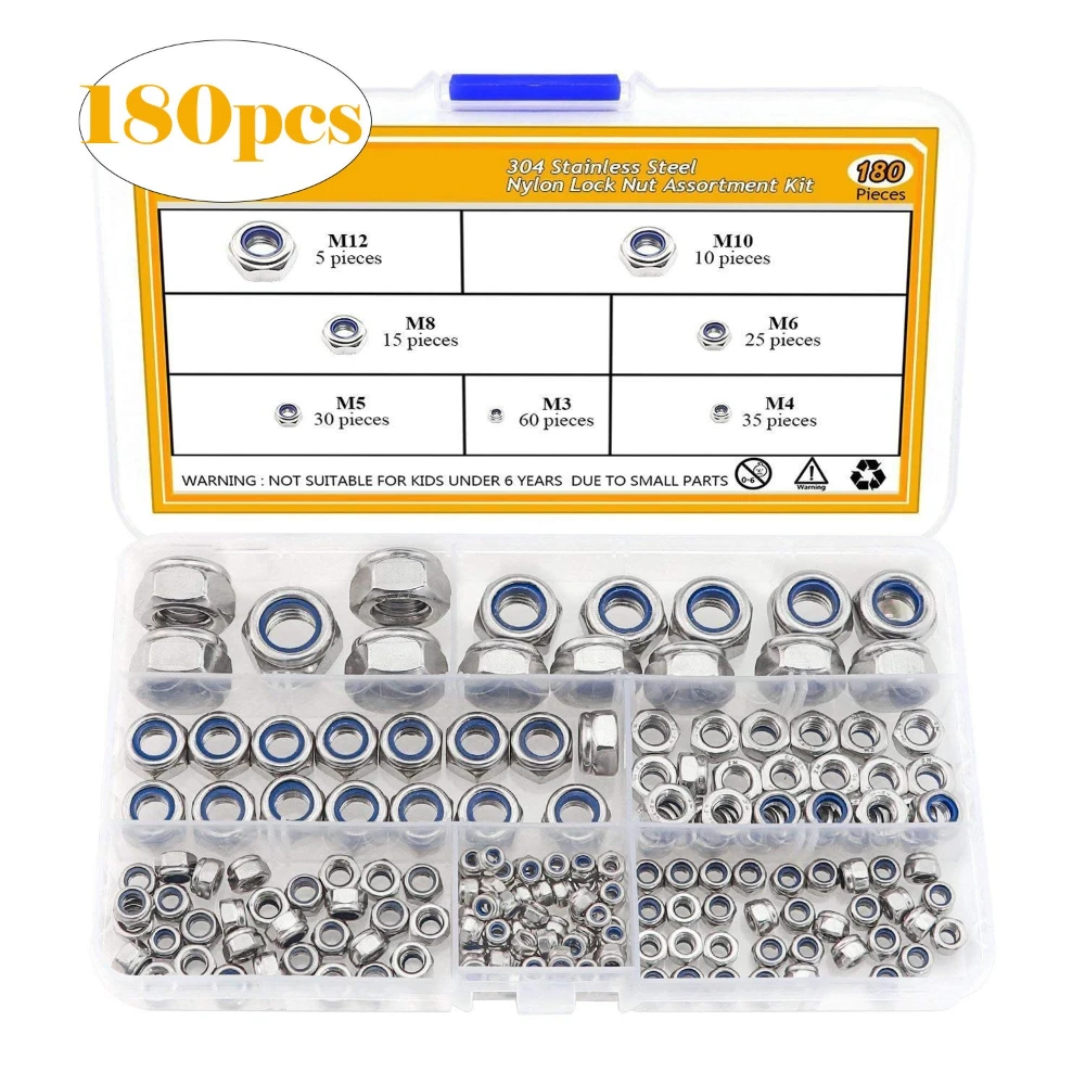 

180pcs Nylon Lock Nuts Set DIN985 Lani 304 Stainless Steel Lock Nuts Box M3 M4 5M 6 M8 M10 M12 Nut Fastener Woodworking Machine