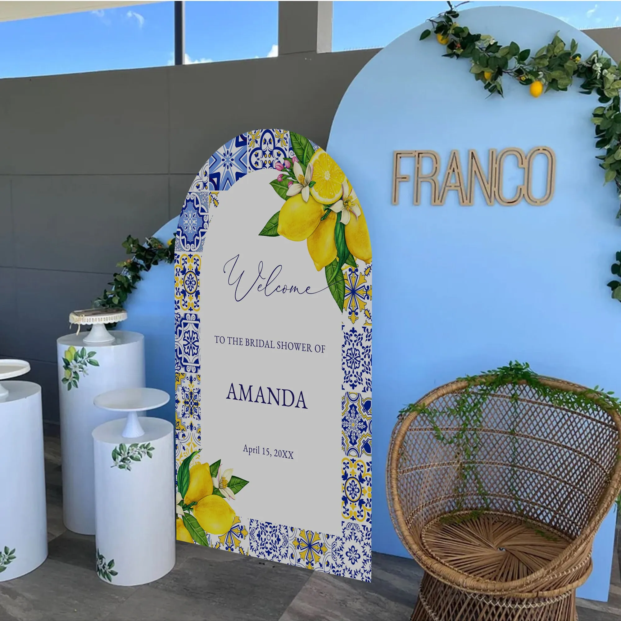 Mehofond 맞춤형 지중해 신부 샤워 레몬 생일 파티 커버, 아치 배경 파티 장식 배경 사진, 양면