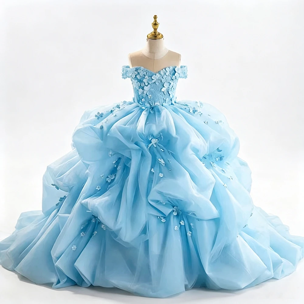 High End Kids Off Shoulder Pageant And Wedding Bridesmaid Puffy Ball Gown Girls Elegant Evening Party Prom Floor Length Dress