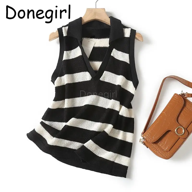 Donegirl 2023 New Summer Sleeveless V-neck Knitted Sweater Vest Striped Printed Women Slim Casual Simple Pullover Female Tops