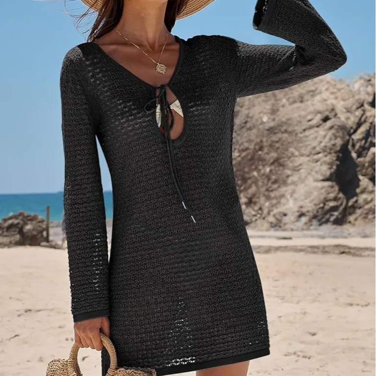 Women Tunic Knit Mesh Beach Deep V Neck White Swim Long Sleeve Mini Dress Black Pink