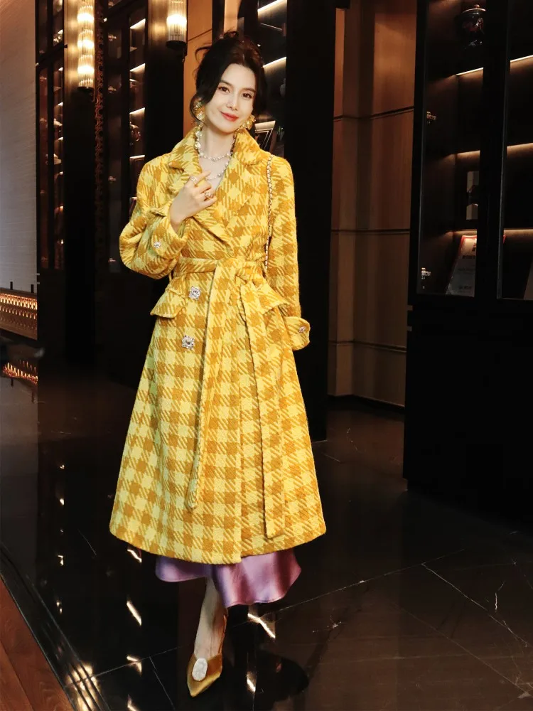 Autumn Winter Office Ladies Yellow Plaid Wool Blends Fashion Double Breasted Belt Mid-calf Length Woolen Coat Women Thick Trench