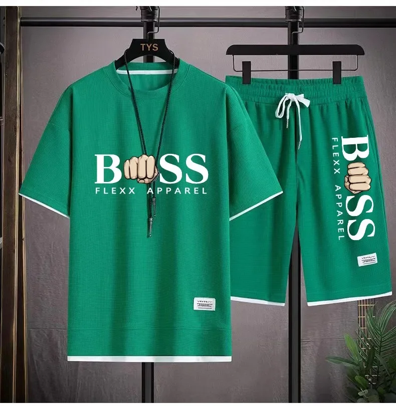 BSS FLEXX APPAREL ผู้ชาย 2 ชิ้นชุดผ้าลินินผ้าสบายๆเสื้อยืดและกางเกงขาสั้นชุดบุรุษชุดกีฬาแฟชั่นแขนสั้น