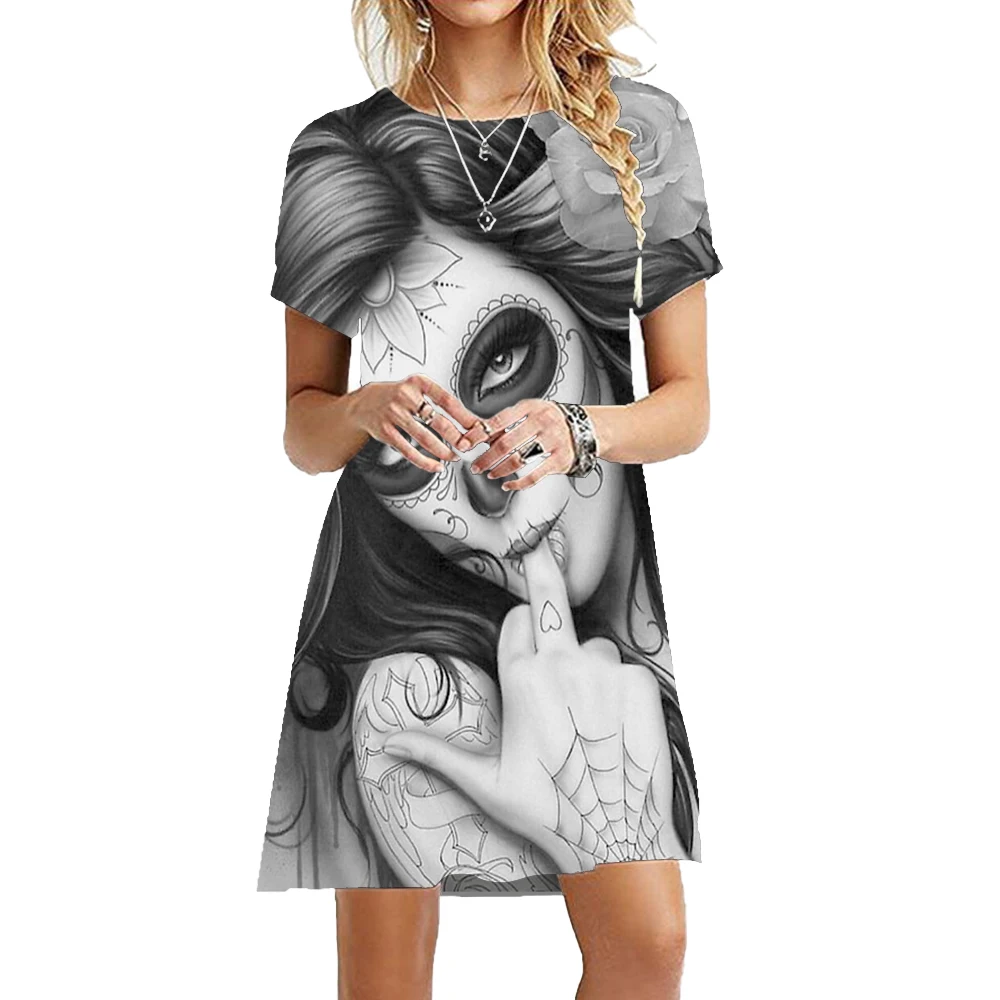 2023 Ladies Print Dress Summer Fashion Women Gothic Pattern Horror Beauty Skull Party Dresses Casual Short Sleeve A-Line Dress