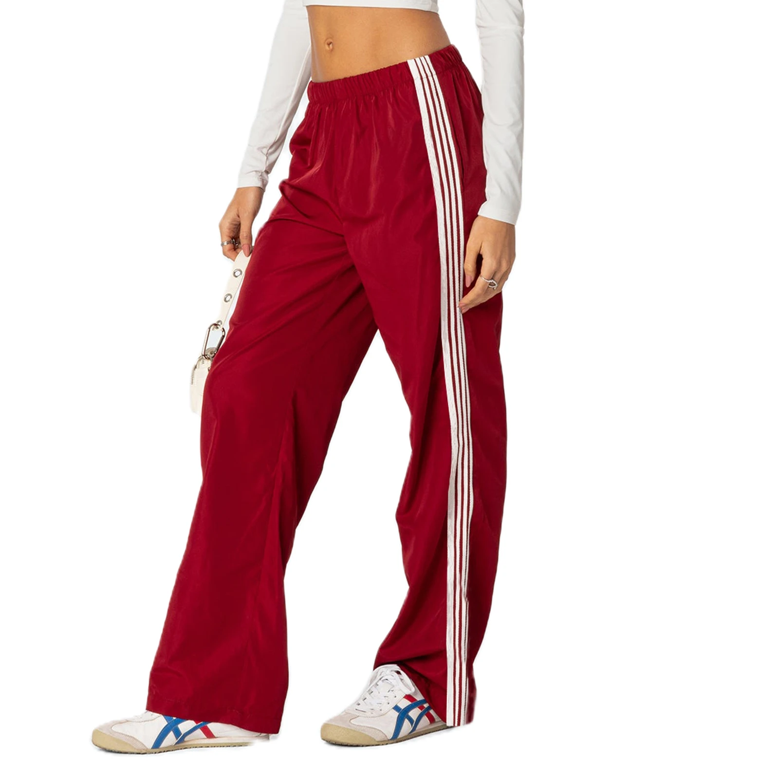 女性サイドストライプパンツ弾性ウエストストレートレッグスウェットパンツポケット付きカジュアルスポーツ日常着ストリート