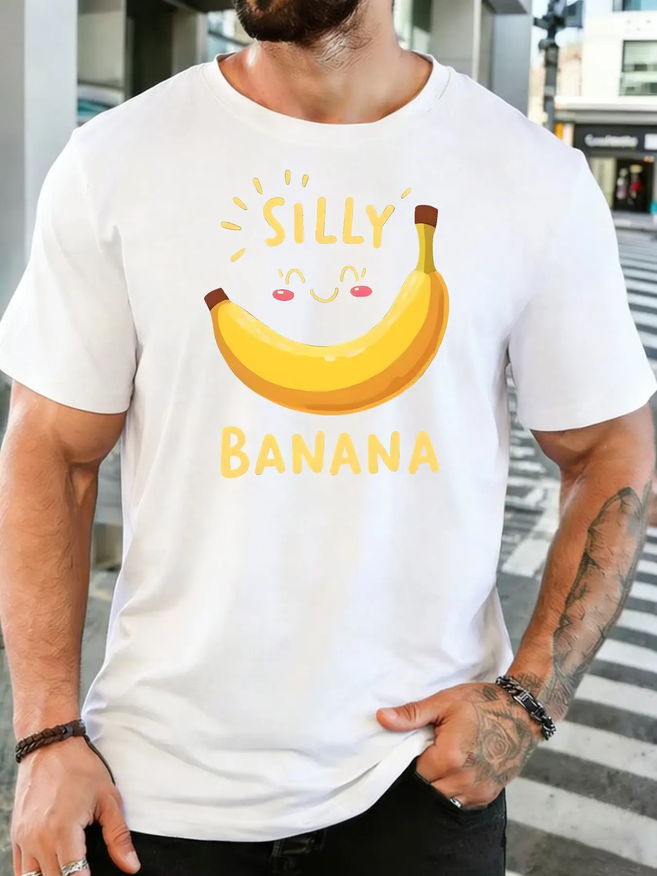 Men Black Crew Neck Tee Silly Banana Text Cute Smiling Blush Yellow Banana Cartoon Fruit Graphic Soft Cotton Casual Top