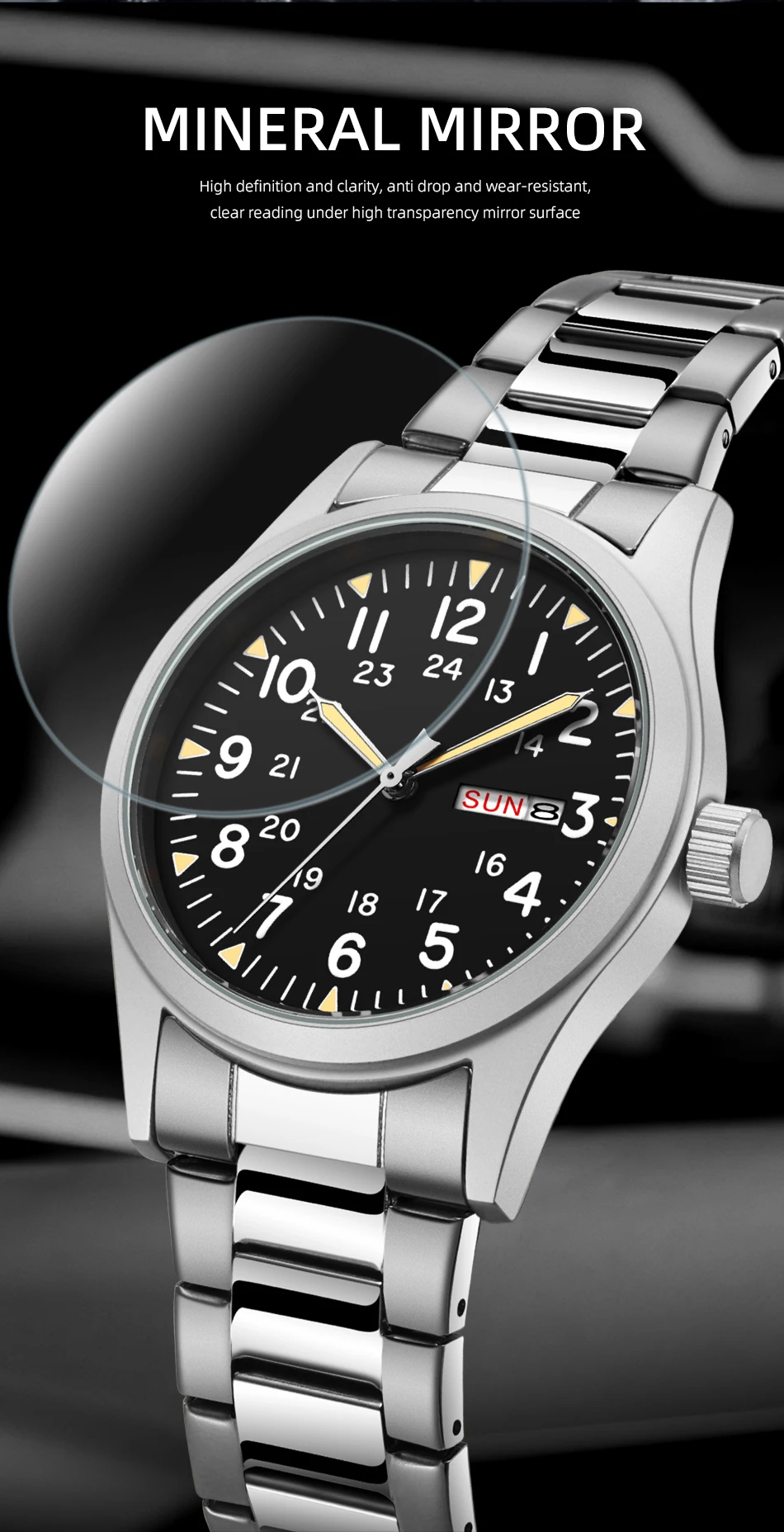 2026 Herren 38mm Leuchtende Zifferblatt-Uhr mit Tages- und Datumsanzeige, im Dunkeln leuchtend, grün, 30M wasserdicht, Felduhr mit Edelstahlarmband – Detail 12