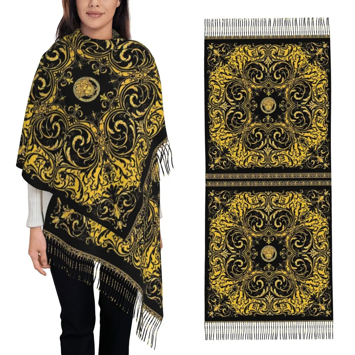

Декоративный золотой медальон в стиле барокко, шарф с кисточками для женщин, мягкие теплые шали и накидки, большая осенне-зимняя шаль