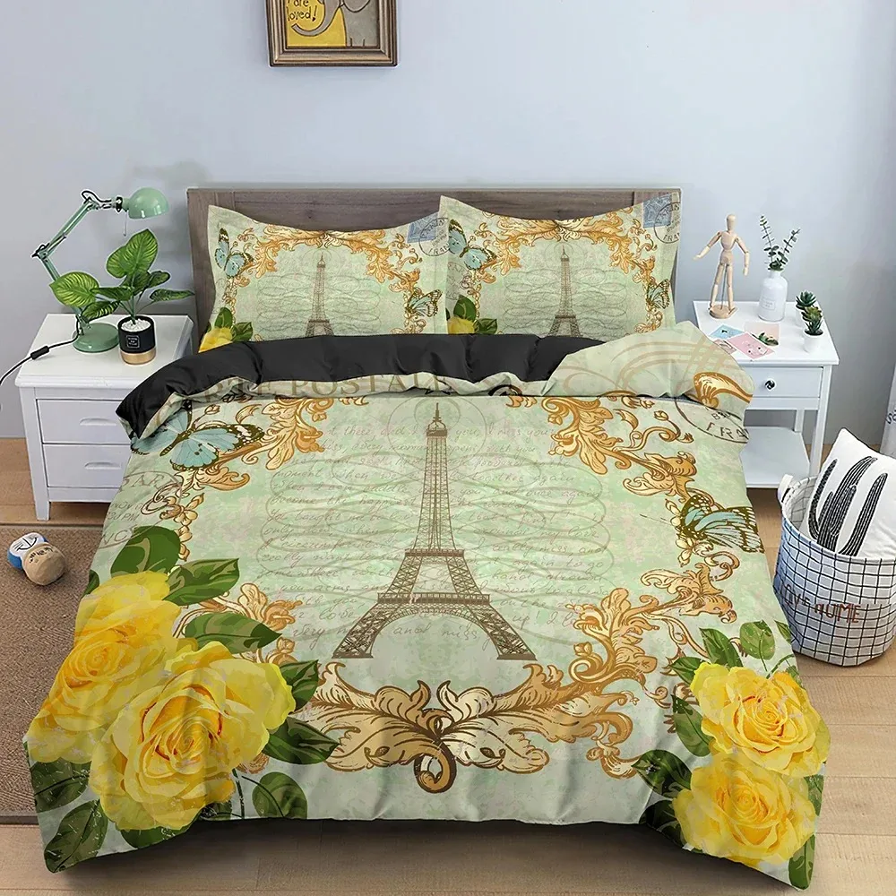 Set biancheria da letto della torre Eiffel Set copripiumino in stile romantico con federa King Queen Size copripiumino per san valentino