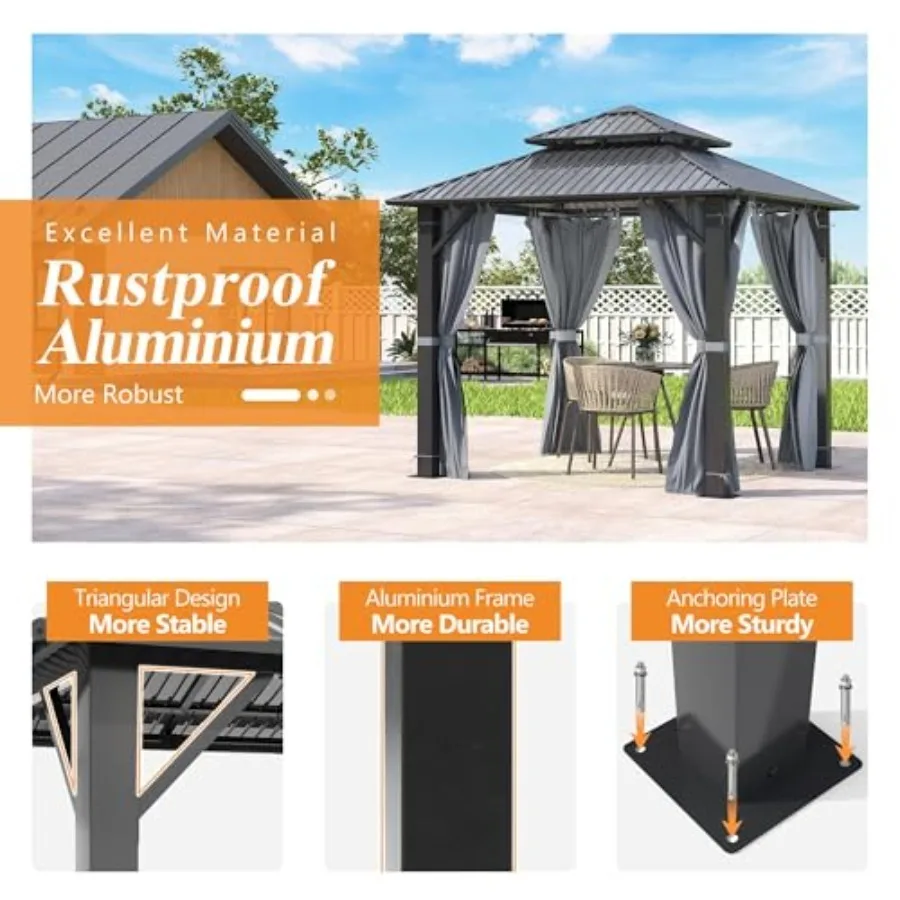 

8.5x8.5FT Outdoor Hardtop Gazebo with Double Roof - Aluminum Heavy-Duty Steel Top Gazebo with Breathable Netting and Privacy Cu
